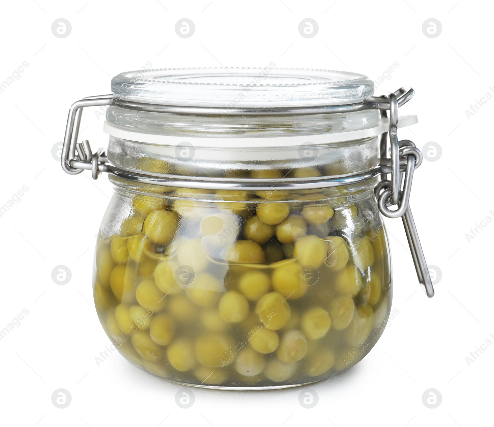 Photo of Jar with pickled peas on white background