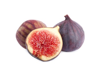 Photo of Tasty fresh fig fruits on white background