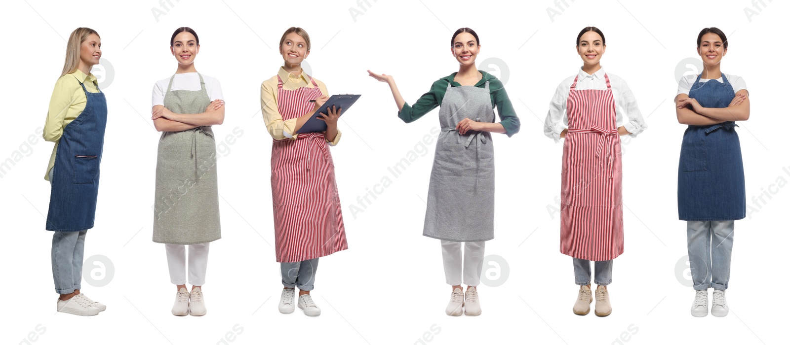 Image of Collage with photos of women in aprons on white background