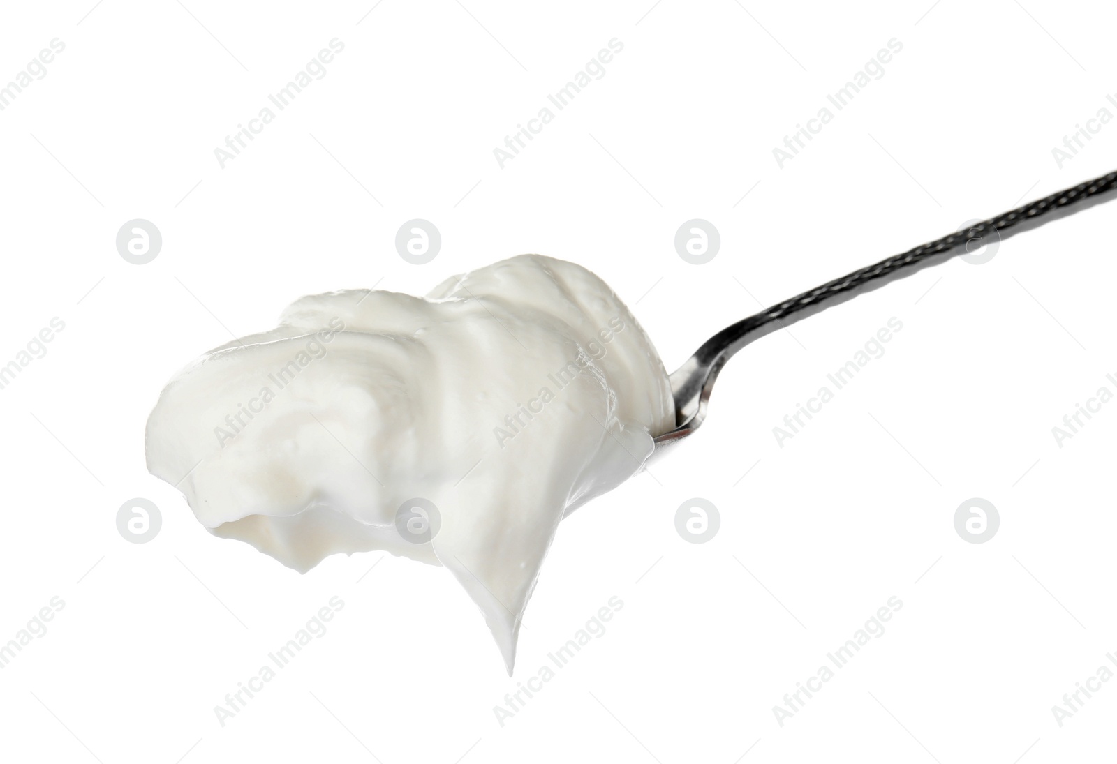 Photo of Metal spoon with sour cream on white background