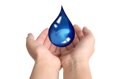 Woman holding image of water drop on white background, closeup