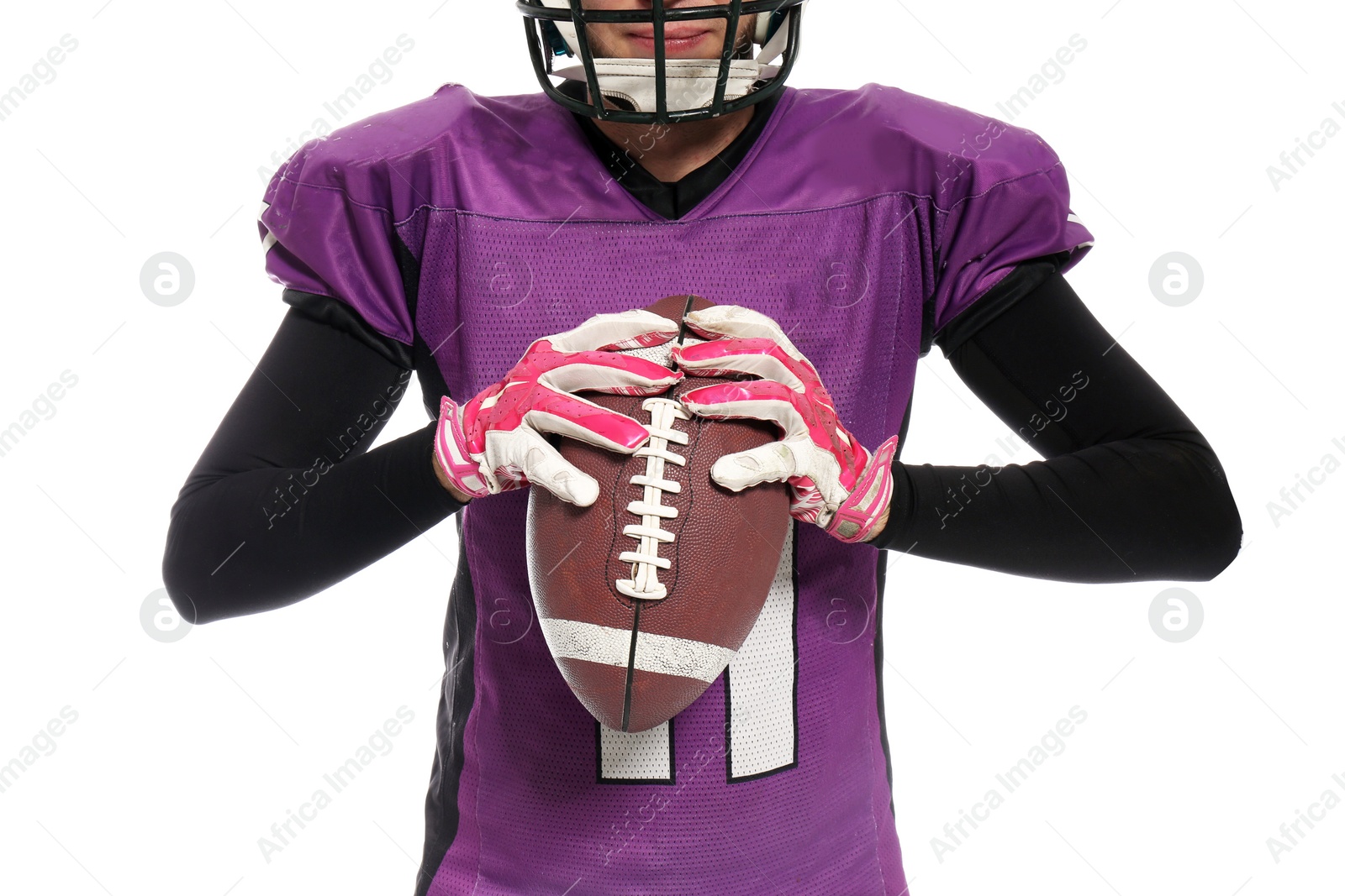 Photo of American football player with ball on white background