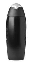 Photo of Black bottle with shampoo isolated on white. Men's cosmetics