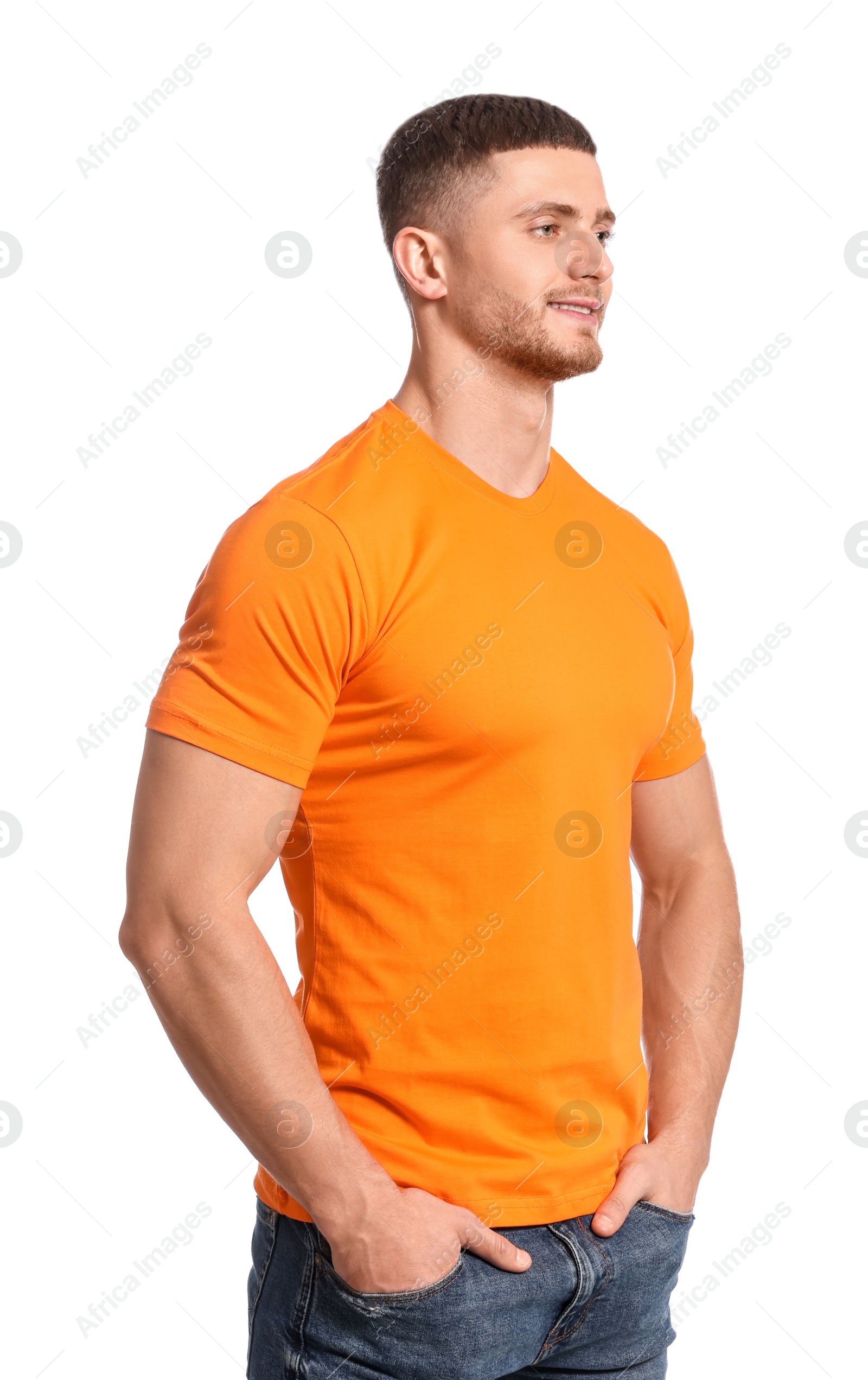 Photo of Man wearing orange t-shirt on white background. Mockup for design