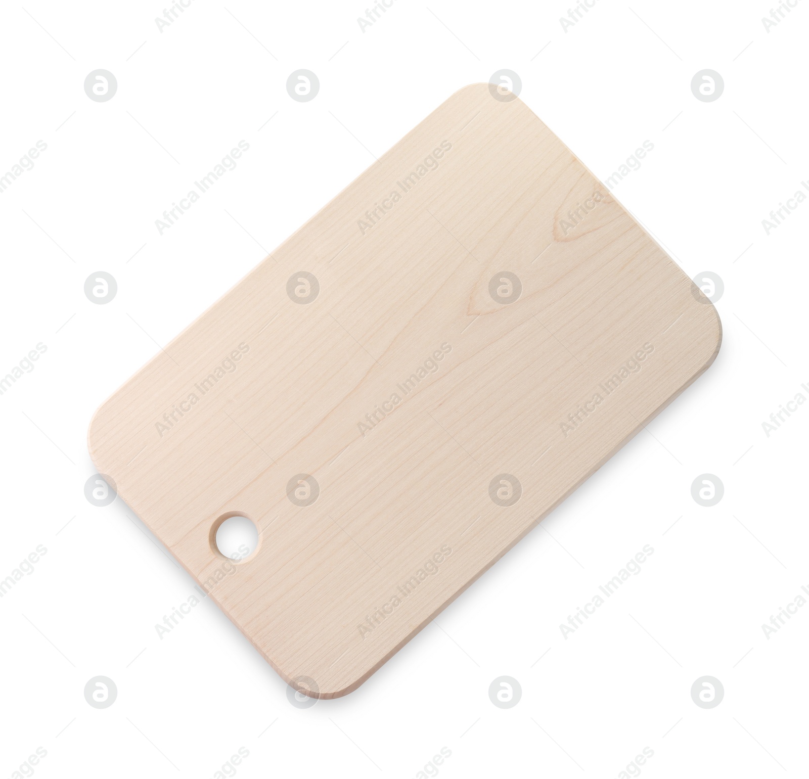 Photo of One wooden cutting board isolated on white, top view