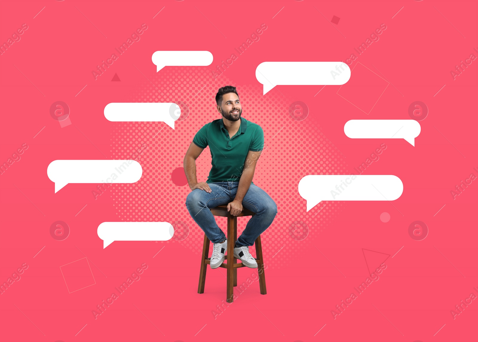 Image of Communication, dialogue. Handsome young man sitting on stool against red background. Speech bubbles around him