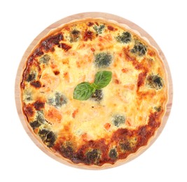 Photo of Delicious homemade quiche with salmon and broccoli isolated on white, top view