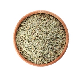 Photo of Bowl with rosemary on white background, top view. Different spices