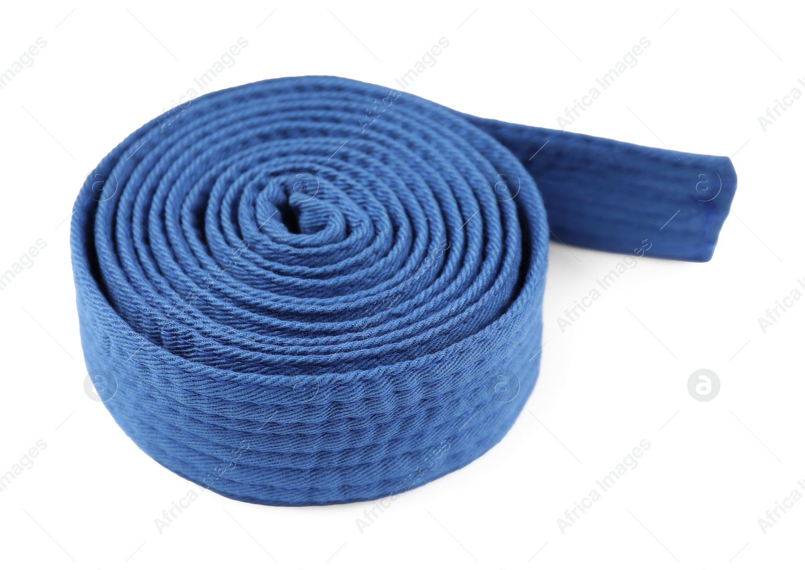 Photo of Blue karate belt isolated on white. Martial arts uniform