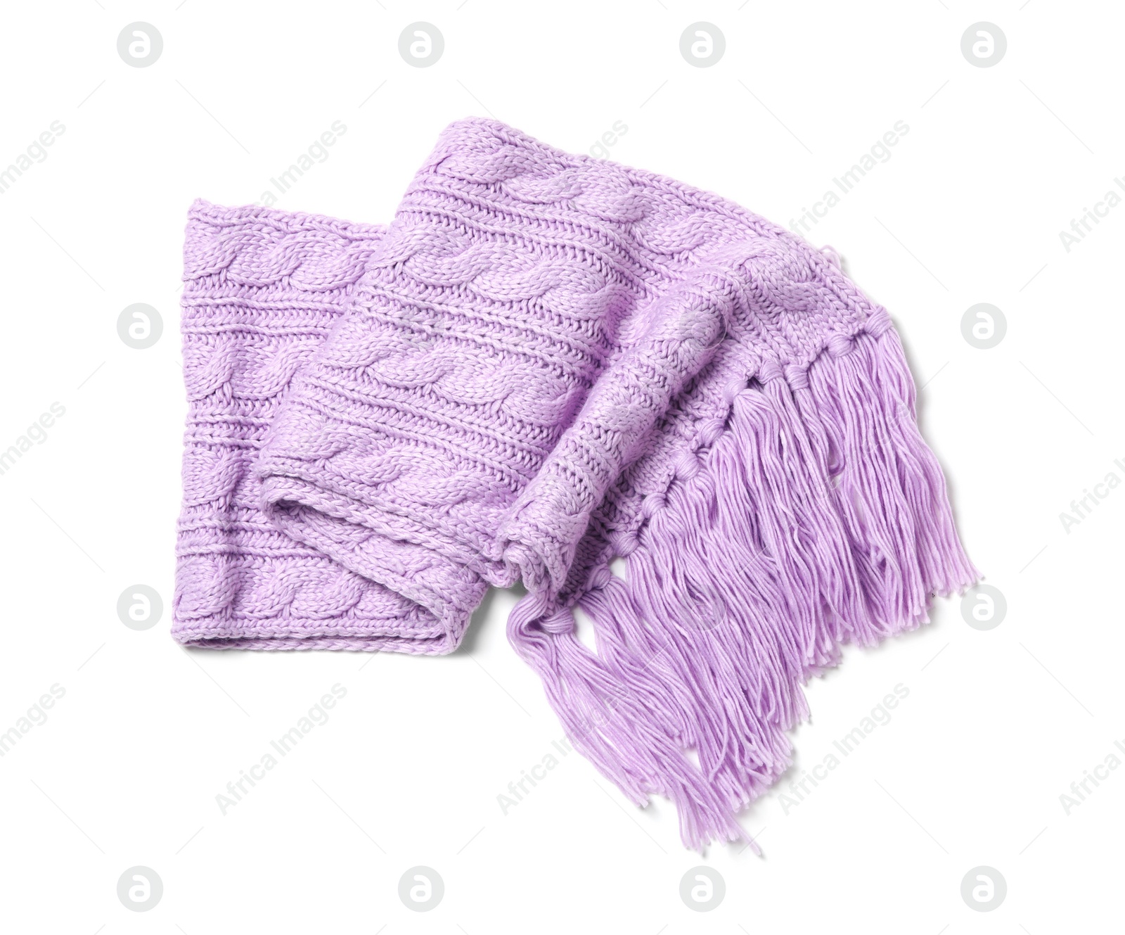 Photo of Lilac knitted scarf isolated white, top view