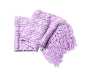 Lilac knitted scarf isolated white, top view