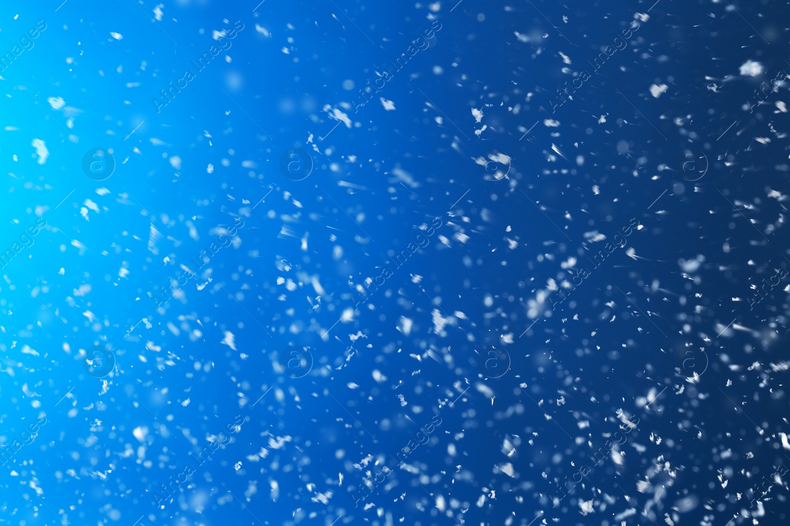 Photo of Snow flakes falling on blue background. Winter weather