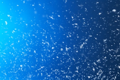 Photo of Snow flakes falling on blue background. Winter weather