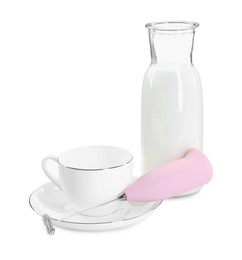 Milk frother wand, cup and glass carafe isolated on white