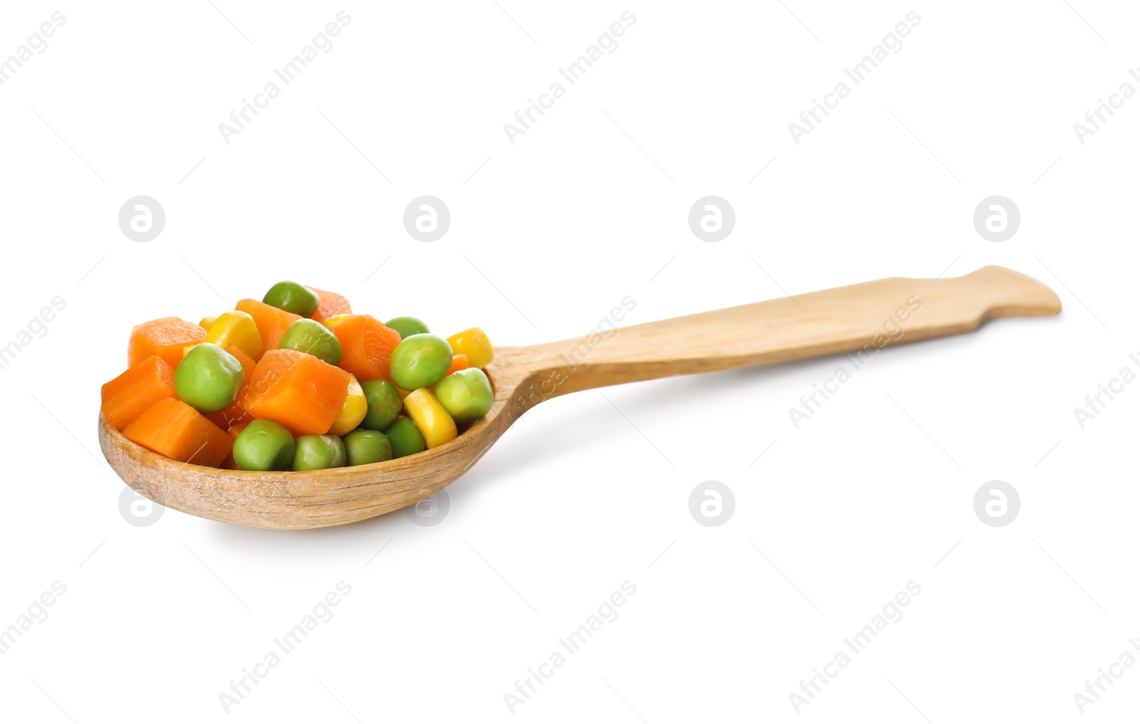 Photo of Mix of fresh vegetables in wooden spoon on white background