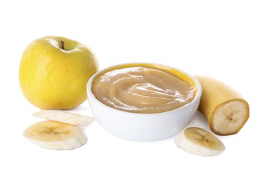 Photo of Banana apple puree in bowl and fresh ingredients on white background