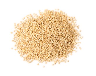 Photo of Pile of raw quinoa seeds on white background, top view. Vegetable planting