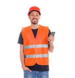 Male industrial engineer in uniform with phone on white background