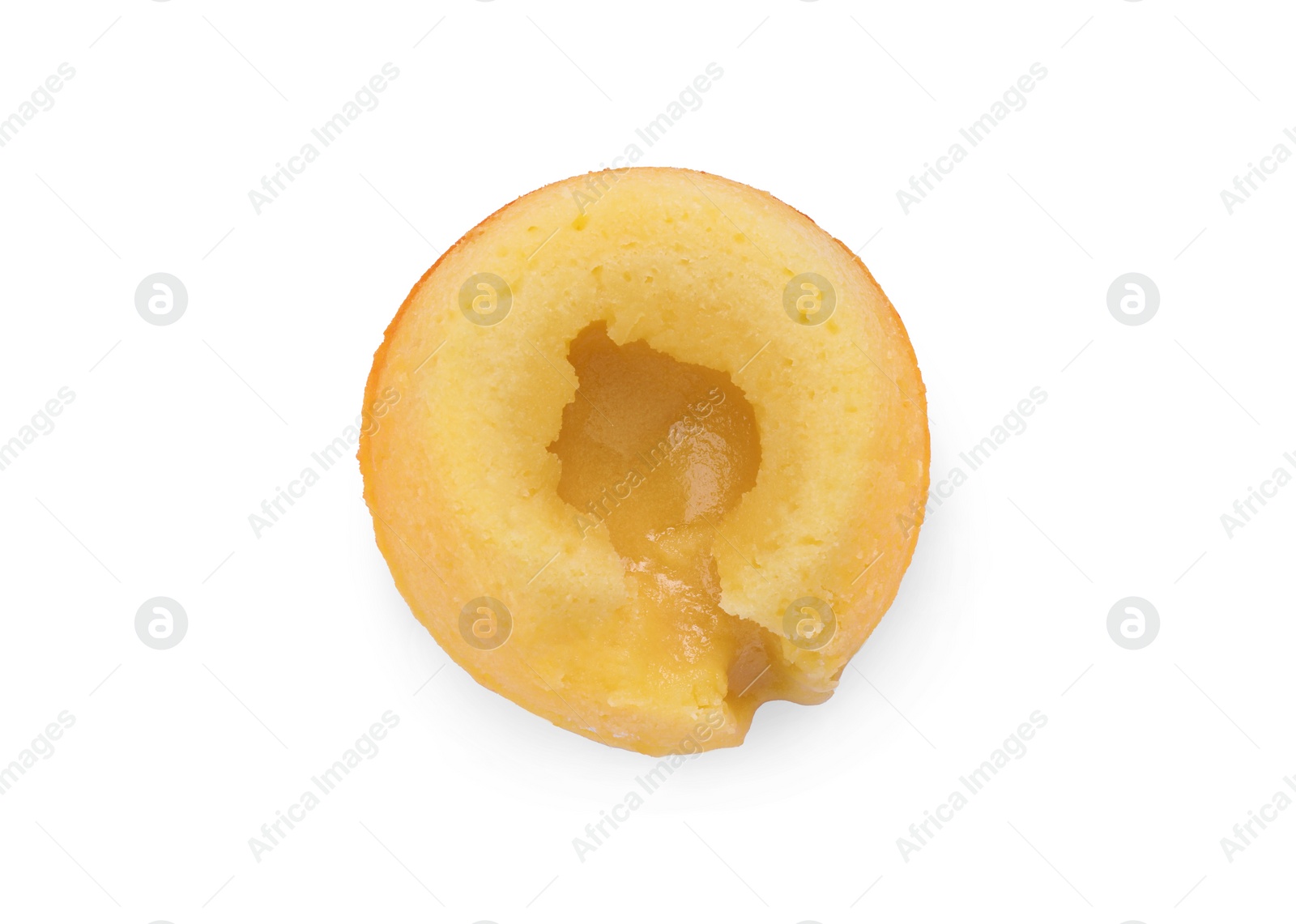 Photo of Delicious vanilla fondant with white chocolate isolated on white, top view
