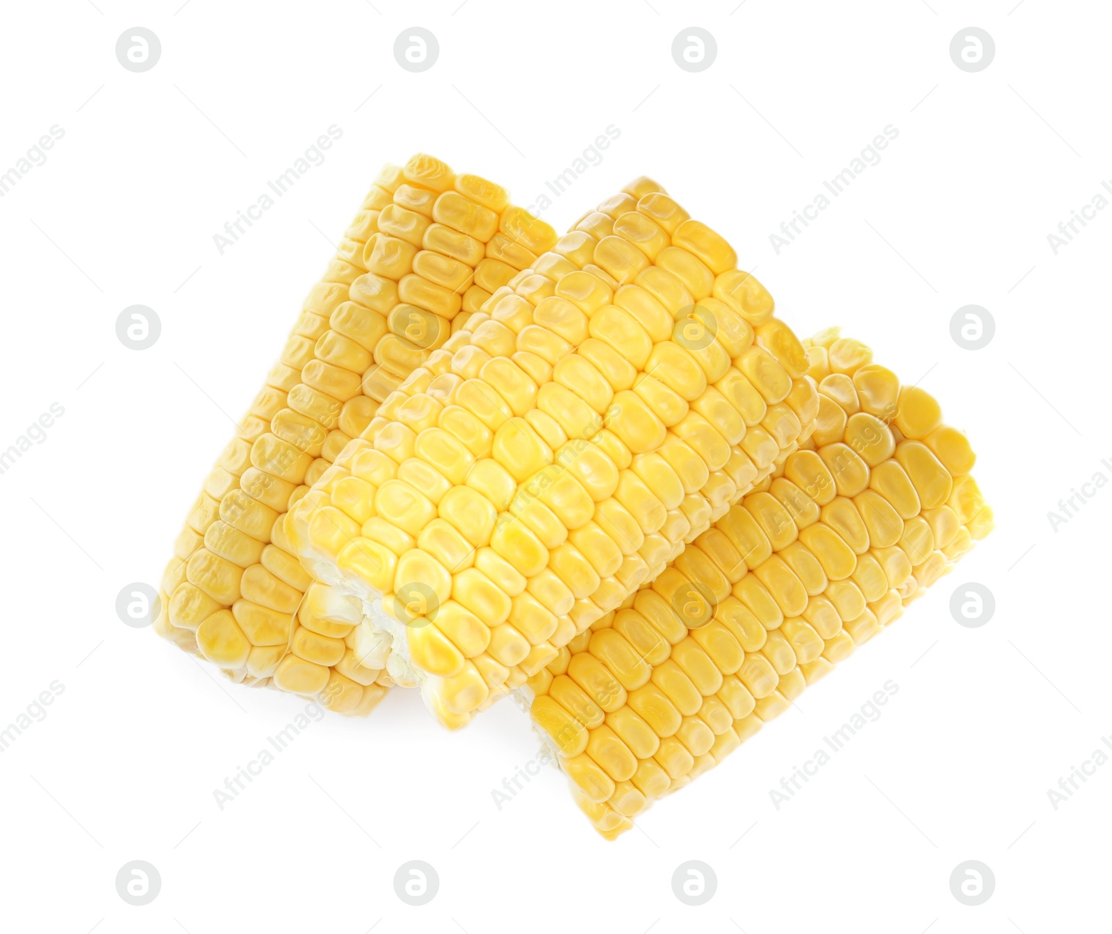 Photo of Pieces of corncobs on white background, top view