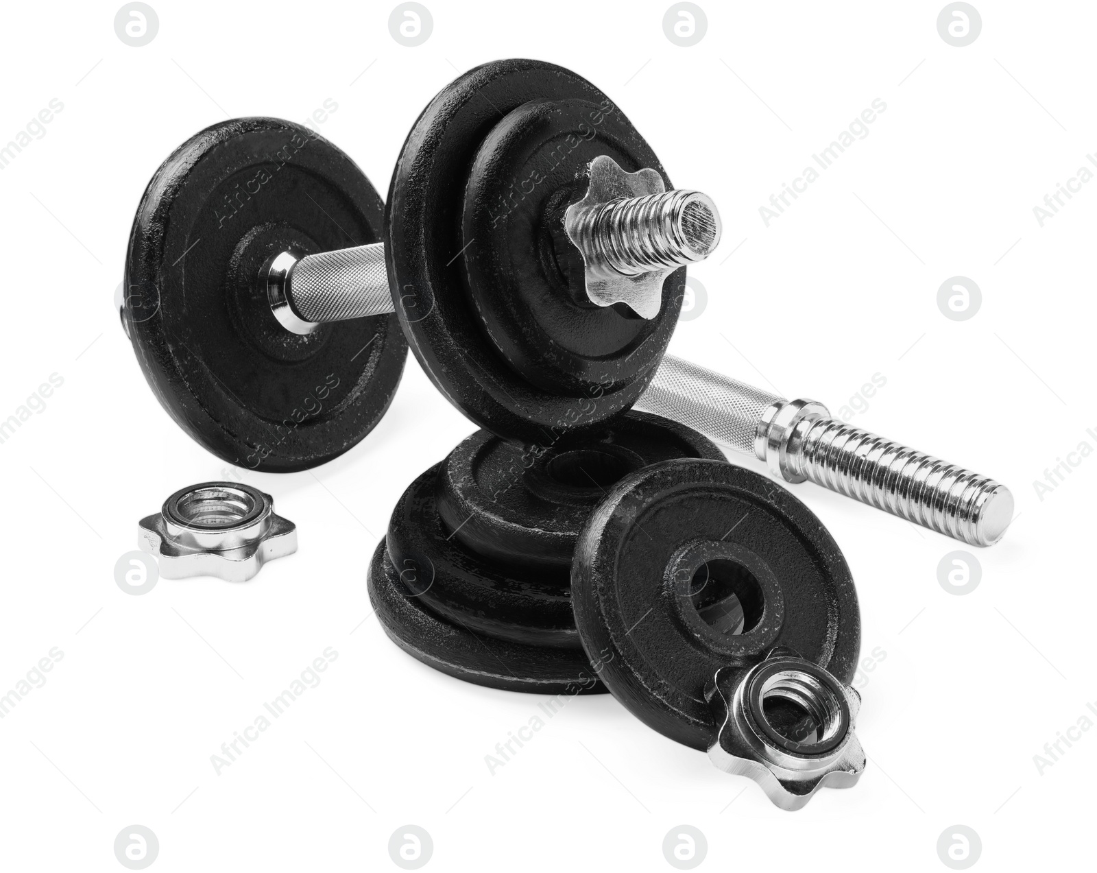 Photo of Metal dumbbell and parts on white background. Sports equipment