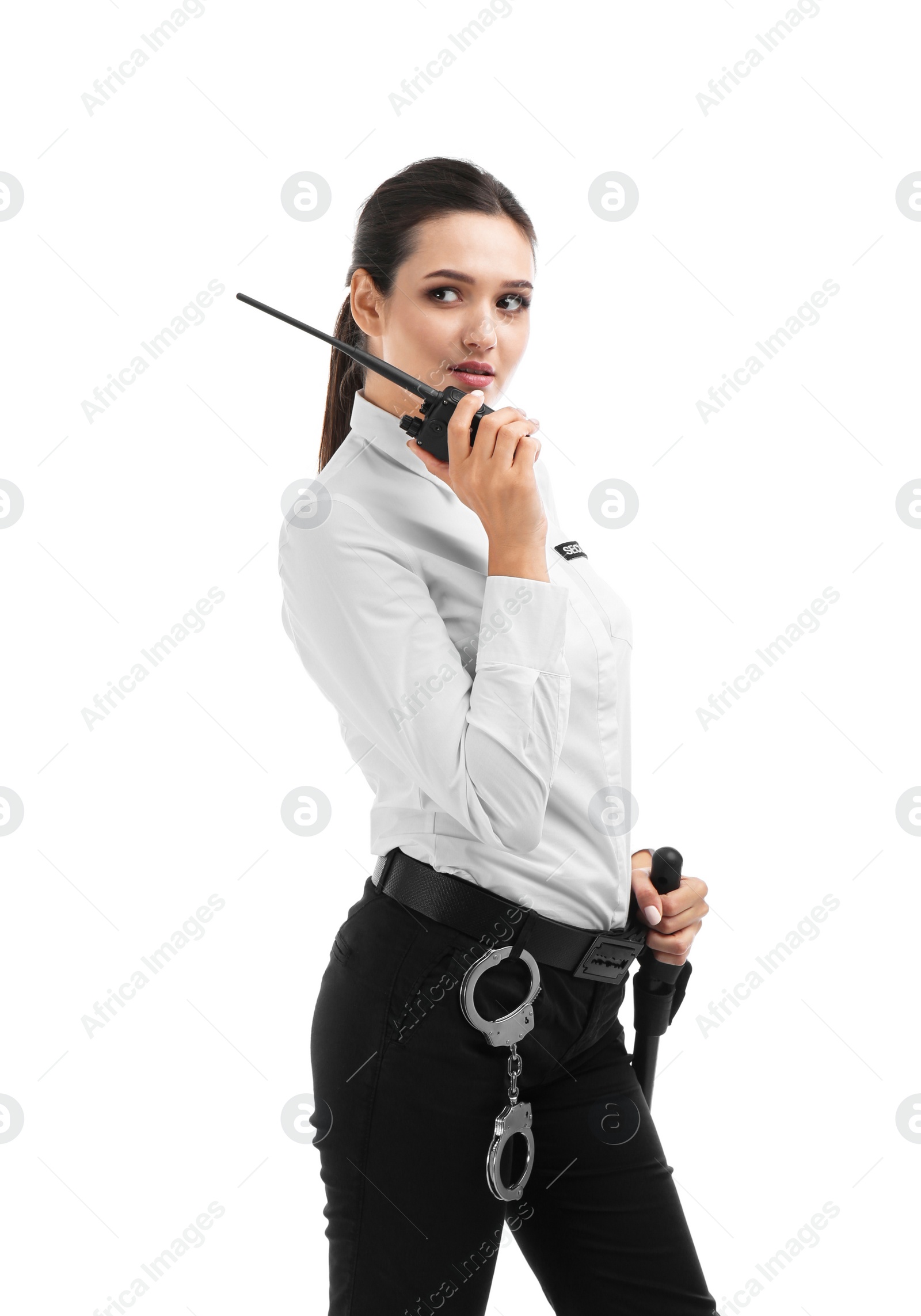 Photo of Female security guard using portable radio transmitter on white background