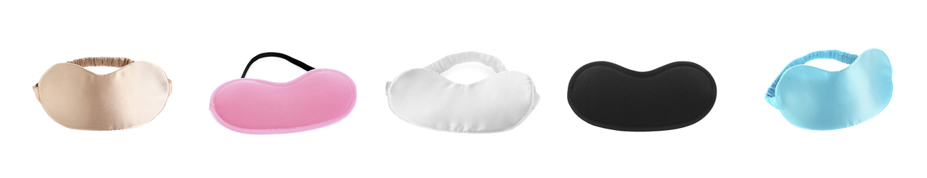 Image of Set of sleeping eye masks on white background. Banner design