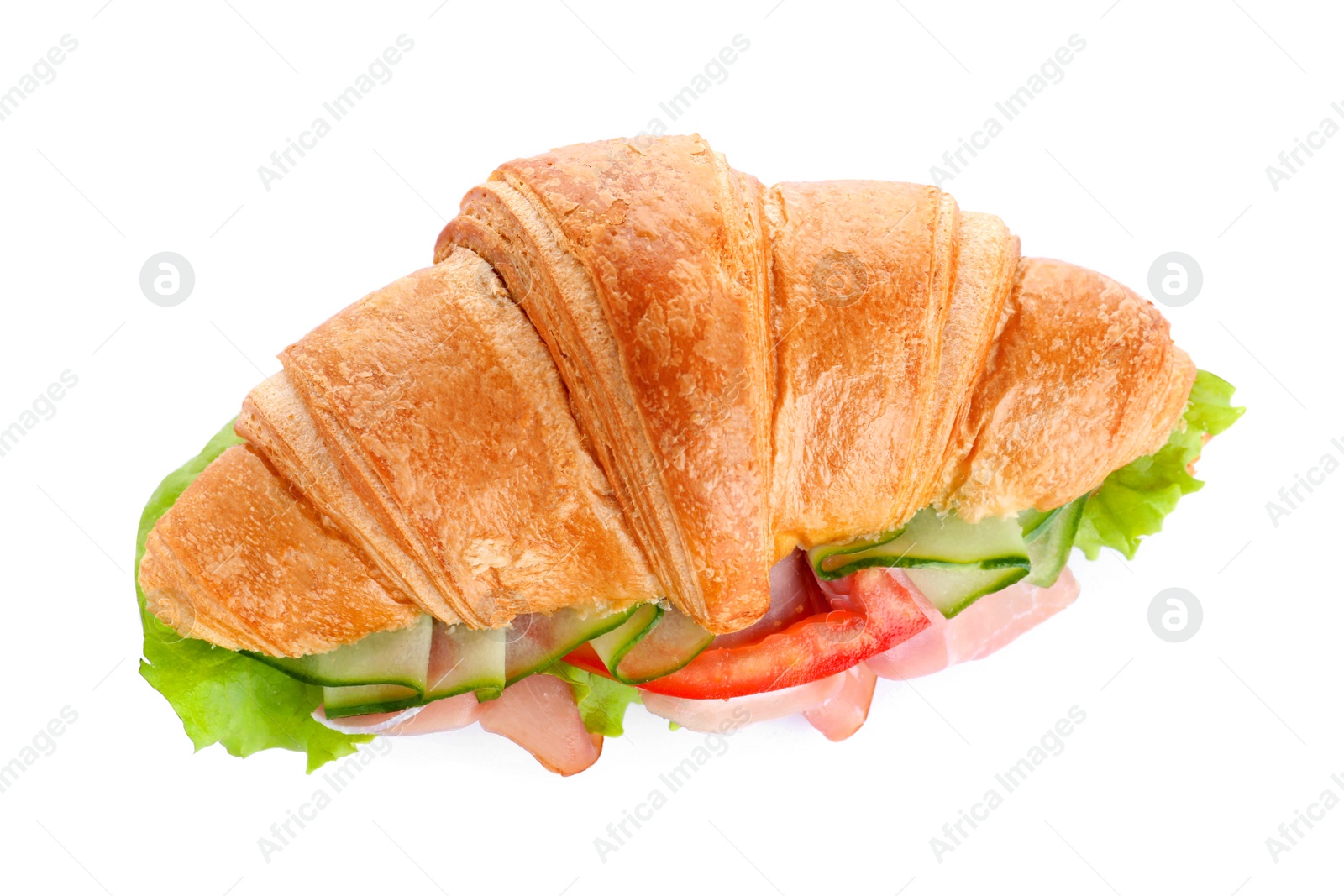 Photo of Tasty croissant sandwich with ham and tomato isolated on white, top view