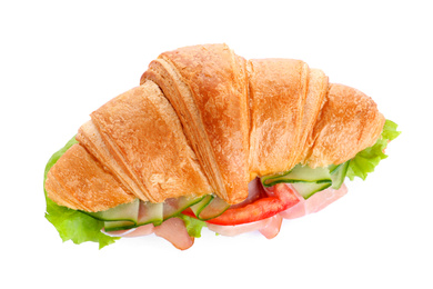 Tasty croissant sandwich with ham and tomato isolated on white, top view