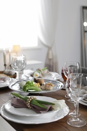 Festive Passover table setting at home. Pesach celebration