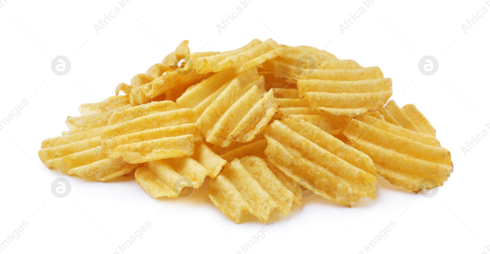 Photo of Heap of tasty ridged potato chips on white background