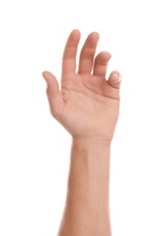 Photo of Man showing hand on white background, closeup