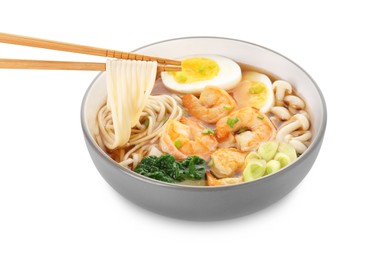 Photo of Eating delicious ramen from bowl with chopsticks isolated on white
