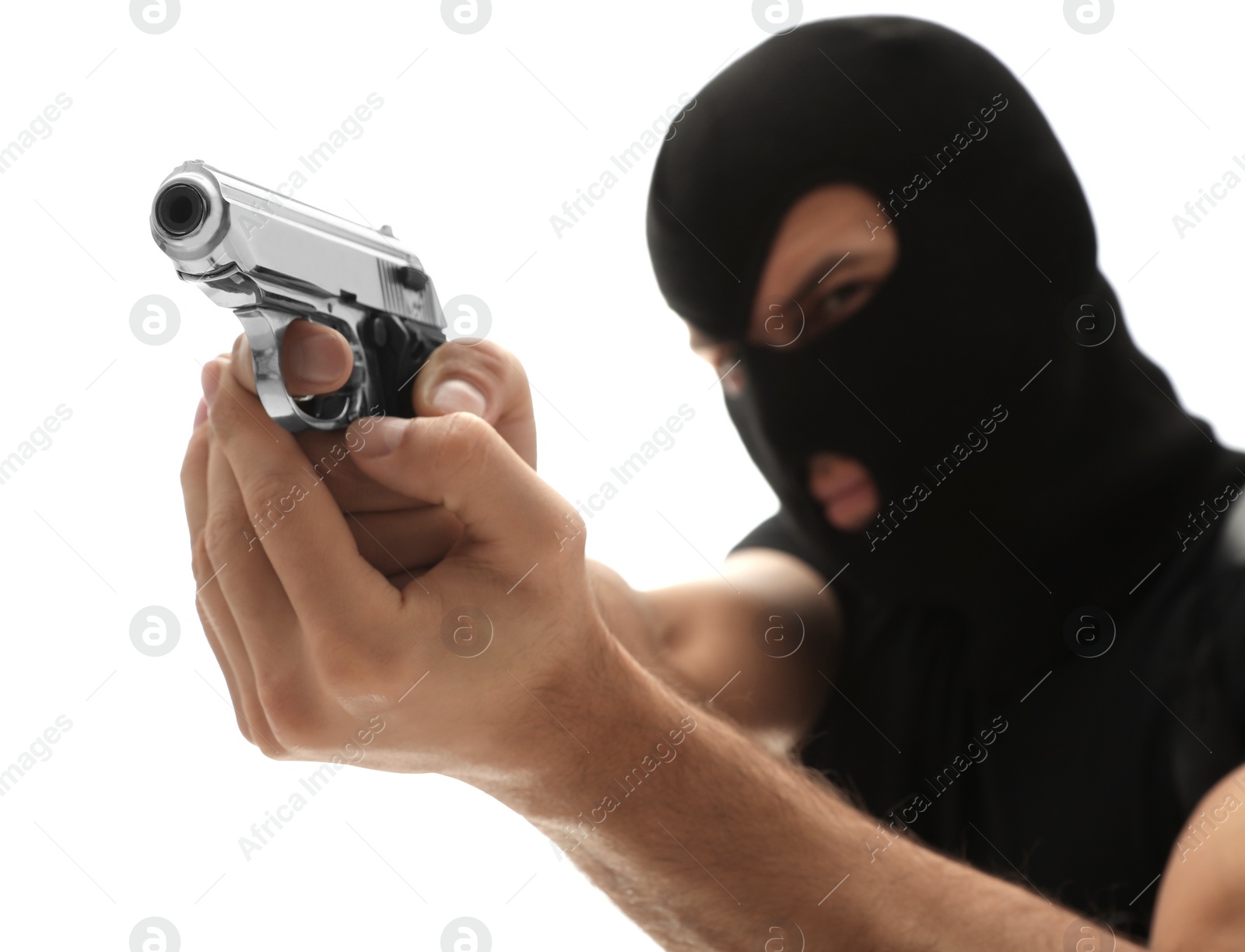 Photo of Professional killer with gun on white background