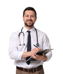 Photo of Portrait of happy doctor with stethoscope and clipboard on white background