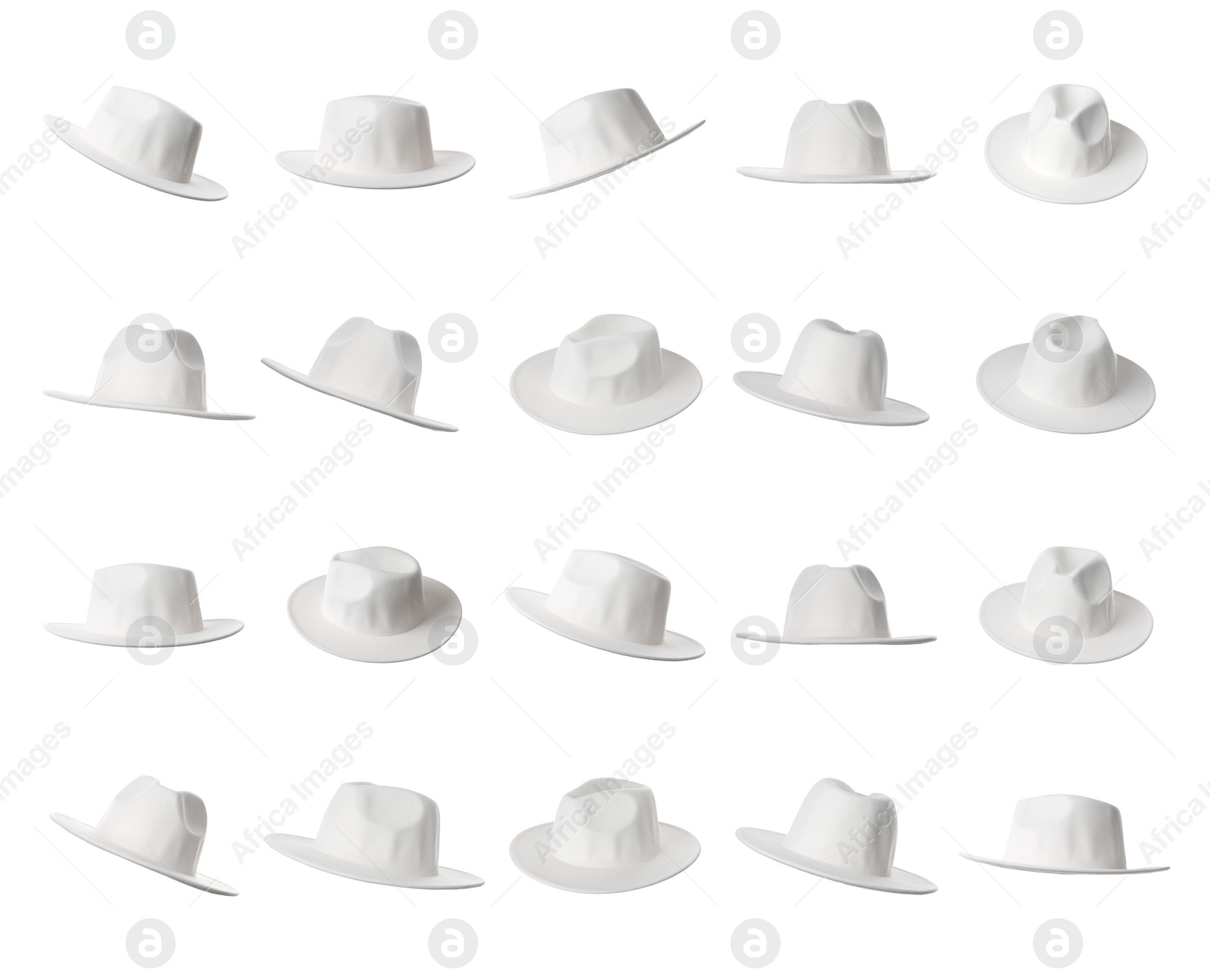 Image of Set with stylish hats on white background. Trendy headdress