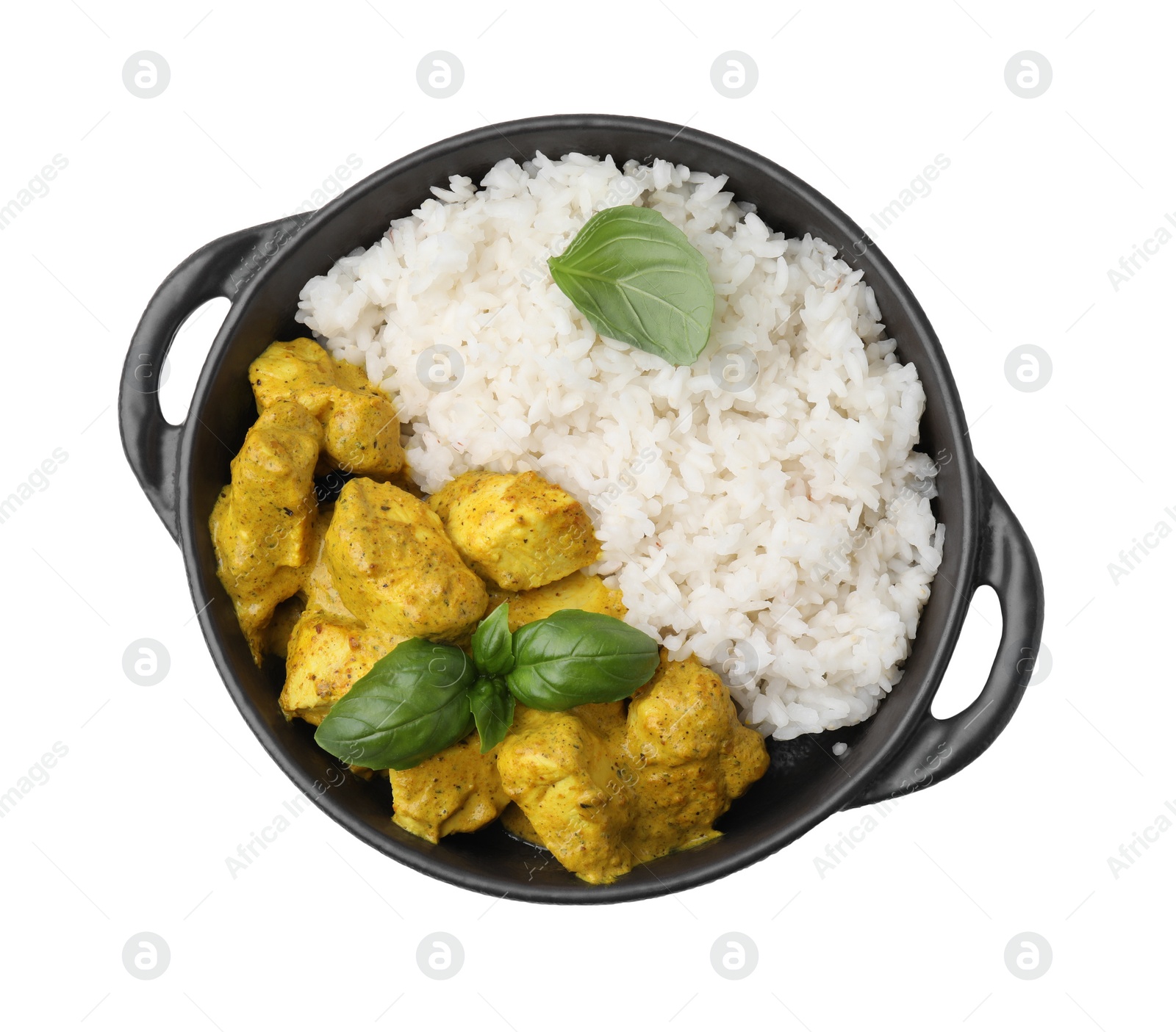 Photo of Delicious rice and chicken with curry sauce isolated on white, top view