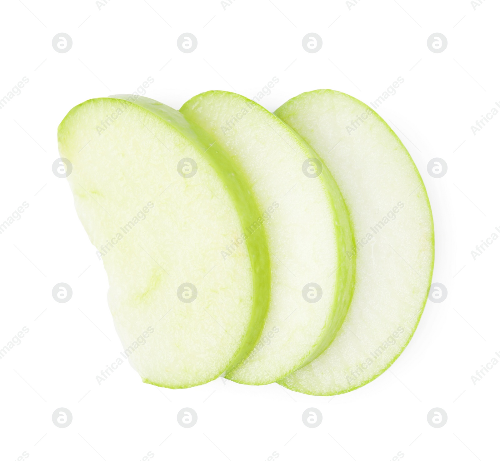 Photo of Slices of ripe green apple isolated on white, top view