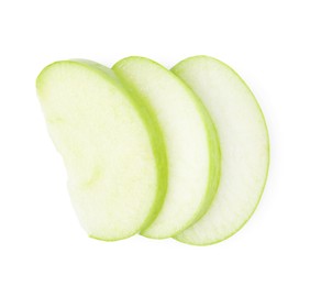 Photo of Slices of ripe green apple isolated on white, top view