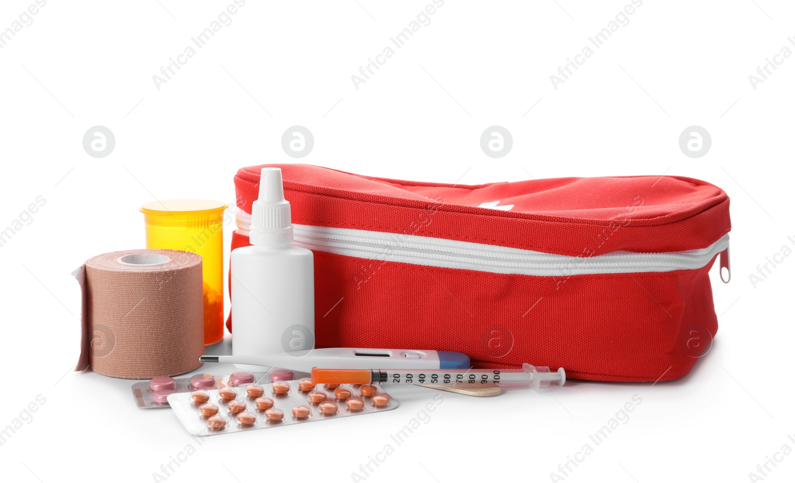 Photo of First aid kit on white background. Health care