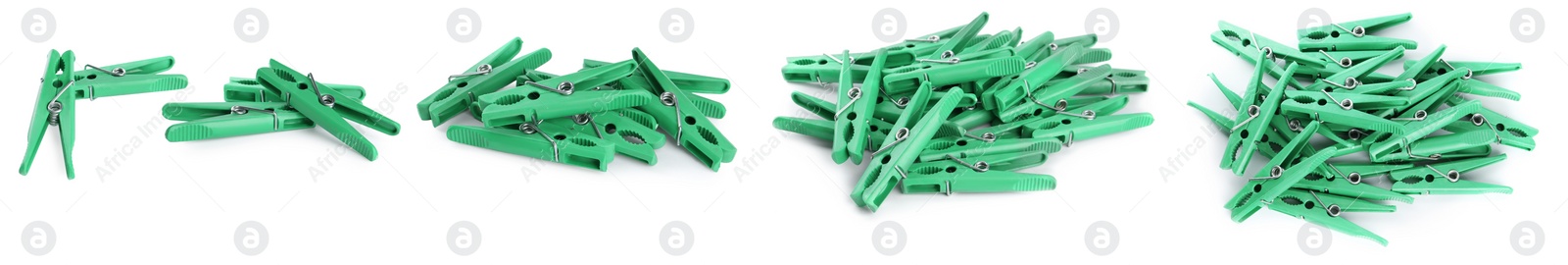 Image of Set with green plastic clothespins on white background. Banner design 