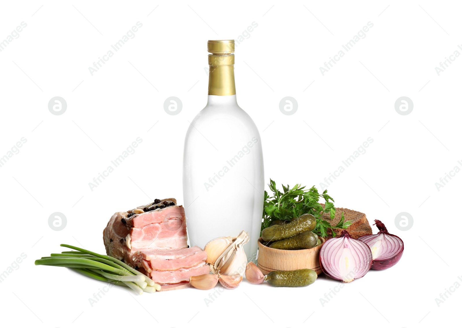 Photo of Russian vodka and different appetizers isolated on white