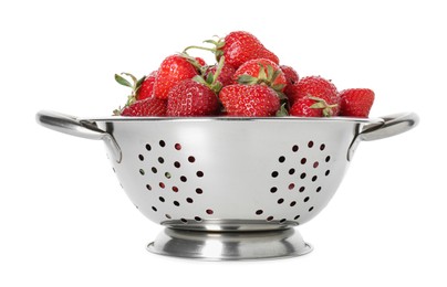 Photo of Metal colander with fresh strawberries isolated on white