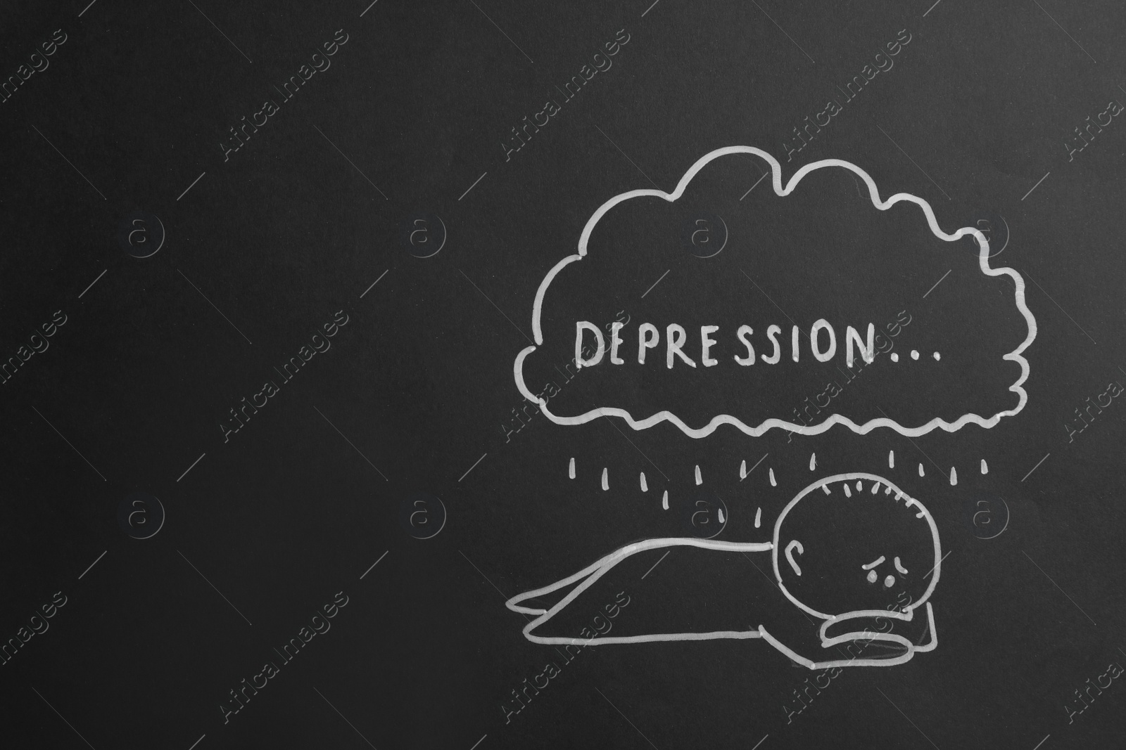 Photo of Drawing of cloud with word DEPRESSION and rain over sad man on black background