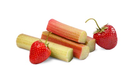 Photo of Stalks of fresh rhubarb and strawberries isolated on white