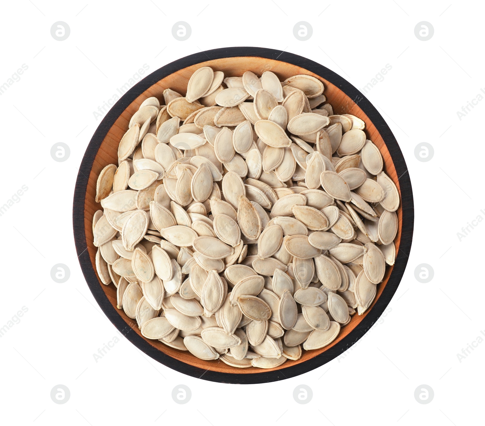 Photo of Raw pumpkin seeds in bowl on white background, top view