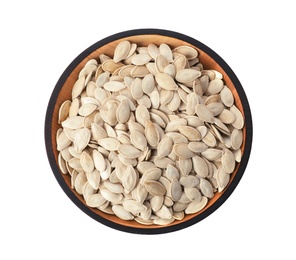 Photo of Raw pumpkin seeds in bowl on white background, top view