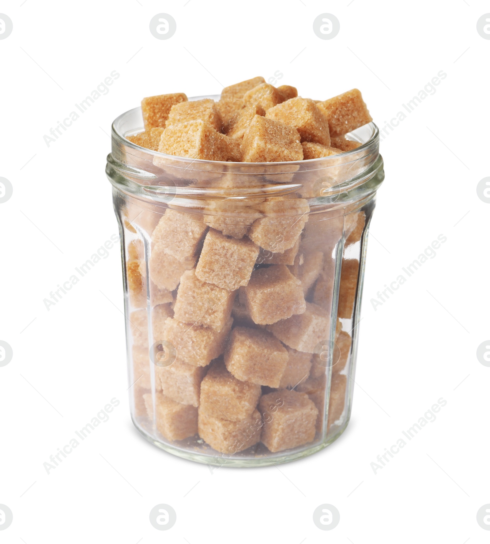 Photo of Glass jar of brown sugar cubes isolated on white