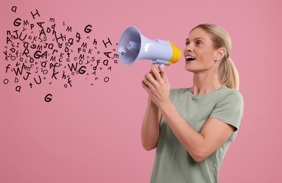 Woman using megaphone on pink background. Letters flying out of device