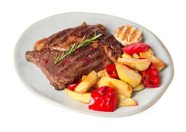 Photo of Plate with delicious grilled beef steak and vegetables isolated on white